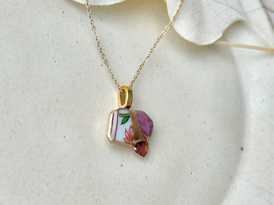 有田焼 金継ぎ ネックレス サージカルステンレスチェーン アレルギー対応 18K 花柄 リーフ柄 インカローズ カーネリアン 天然石 伝統工芸 #273