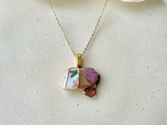 有田焼 金継ぎ ネックレス サージカルステンレスチェーン アレルギー対応 18K 花柄 リーフ柄 インカローズ カーネリアン 天然石 伝統工芸 #273