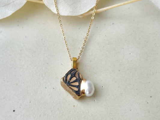 京焼 金継ぎ ネックレス サージカルステンレスチェーン アレルギー対応 18K 花柄 淡水パール 天然石 伝統工芸 #275