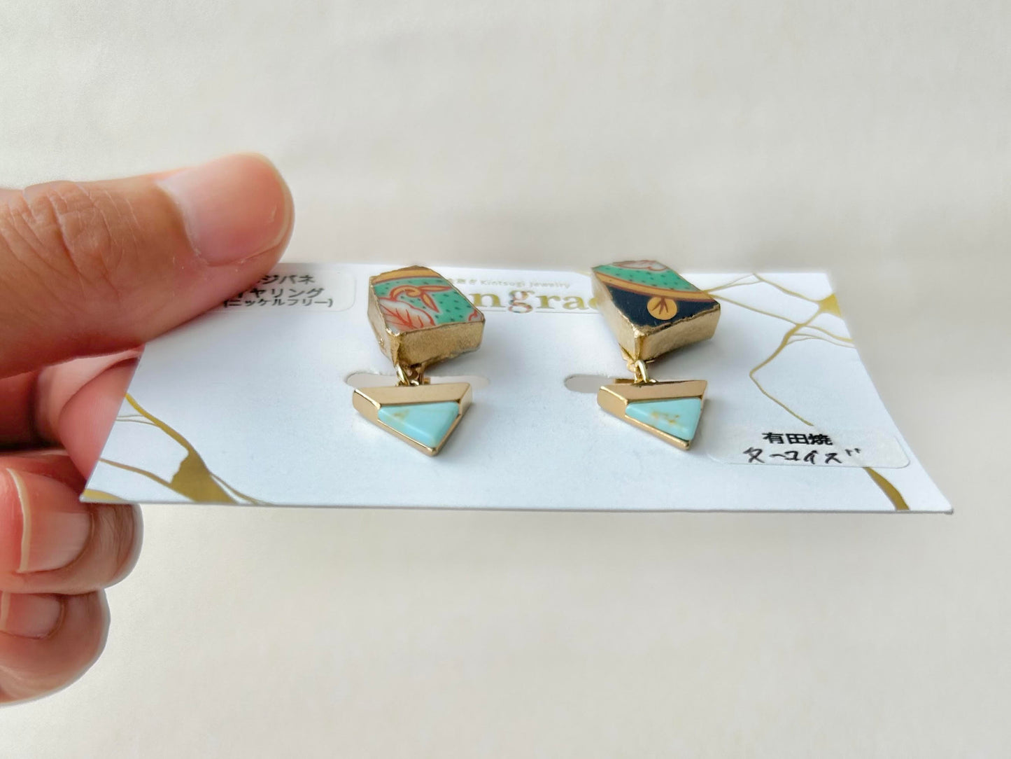 Imari Ware Kintsugi Titanium Earrings Gold Carnelian