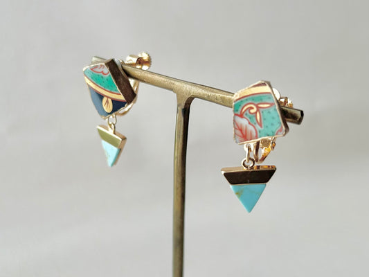 有田焼 金継ぎ ネジバネ式イヤリング 緑 ピンク リーフ柄 ターコイズ 揺れる 天然石 伝統工芸 #278