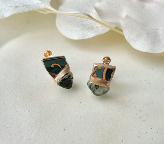 有田焼 金継ぎ ネジバネ式イヤリング 緑 和柄 グリーンルチル 天然石 伝統工芸 #281