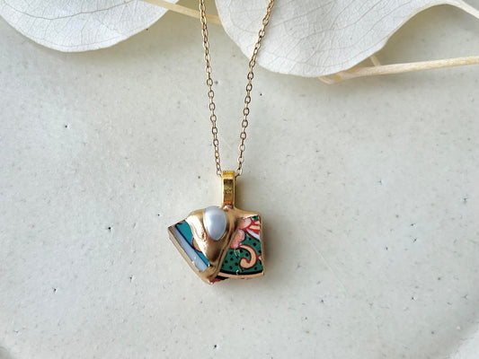 有田焼 金継ぎ ネックレス サージカルステンレスチェーン アレルギー対応 18K 和柄 淡水パール 天然石 伝統工芸 #297