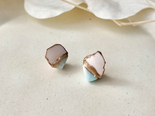 【金具が選べる】萩焼 金継ぎ ピアス イヤリング 白 ラリマー 天然石 伝統工芸 #467