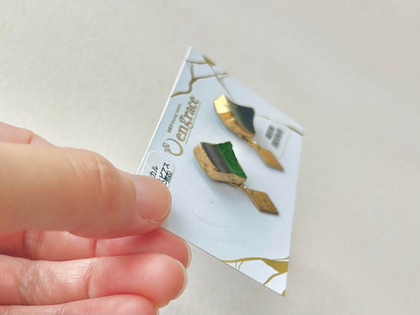 織部焼 金継ぎ サージカルステンレスピアス 深い緑 ゴールド 揺れる 伝統工芸 #300