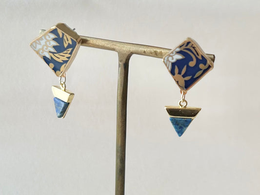 有田焼 金継ぎ サージカルステンレスピアス リーフ柄 ラピスラズリ 揺れる 天然石 伝統工芸 #302