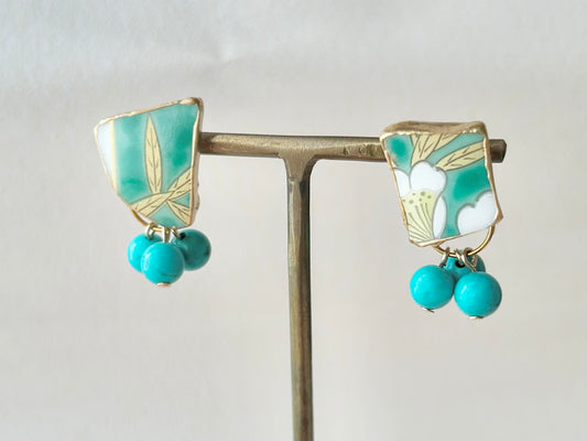 有田焼 金継ぎ サージカルステンレスピアス リーフ柄 花柄 緑 ターコイズ 天然石 伝統工芸 #303