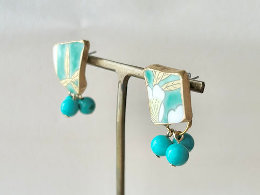 有田焼 金継ぎ サージカルステンレスピアス リーフ柄 花柄 緑 ターコイズ 天然石 伝統工芸 #303