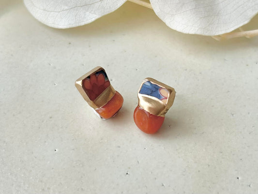 有田焼 金継ぎ サージカルステンレスピアス オレンジ 花柄 オレンジアベンチュリン 天然石 伝統工芸 #304