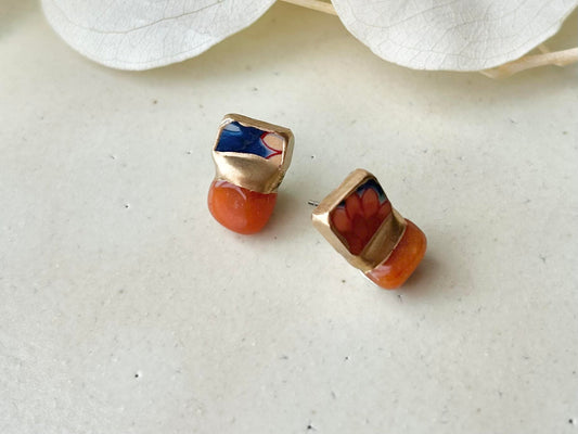 有田焼 金継ぎ サージカルステンレスピアス オレンジ 花柄 オレンジアベンチュリン 天然石 伝統工芸 #304