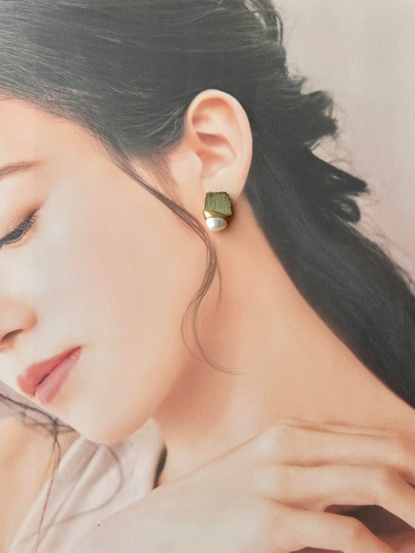 唐津焼 金継ぎ サージカルステンレスピアス グレー 淡水パール 天然石 伝統工芸 #305