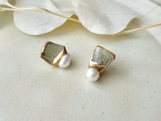 唐津焼 金継ぎ サージカルステンレスピアス グレー 淡水パール 天然石 伝統工芸 #305