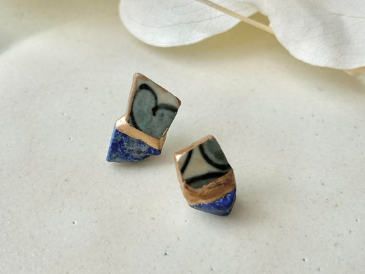 有田焼 円左エ門窯 金継ぎ サージカルステンレスピアス 手書き 絵付け 和柄 ラピスラズリ 天然石 伝統工芸 #306