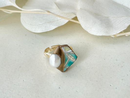 有田焼 金継ぎ リング サージカルステンレス+14Kコーティング アレルギー対応 フリーサイズ リーフ柄 淡水パール 天然石 伝統工芸 #309