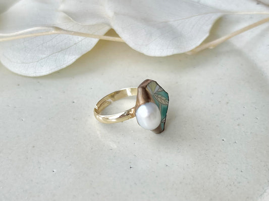 有田焼 金継ぎ リング サージカルステンレス+14Kコーティング アレルギー対応 フリーサイズ リーフ柄 淡水パール 天然石 伝統工芸 #309