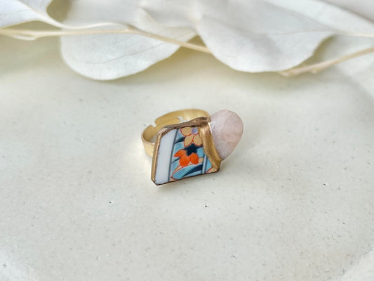 有田焼 金継ぎ リング サージカルステンレス+14Kコーティング アレルギー対応 フリーサイズ 花柄 モルガナイト 天然石 伝統工芸 #310