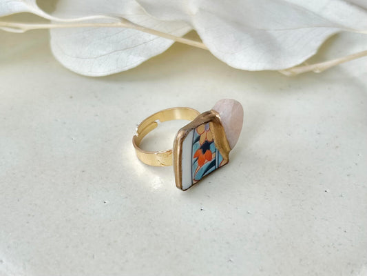 有田焼 金継ぎ リング サージカルステンレス+14Kコーティング アレルギー対応 フリーサイズ 花柄 モルガナイト 天然石 伝統工芸 #310