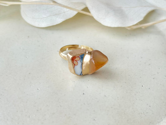 有田焼 金継ぎ リング サージカルステンレス+14Kコーティング アレルギー対応 フリーサイズ 花柄 カーネリアン 天然石 伝統工芸 #311