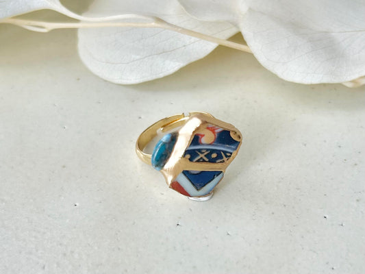 有田焼 金継ぎ リング サージカルステンレス+14Kコーティング アレルギー対応 フリーサイズ 和柄 アパタイト 天然石 伝統工芸 #312