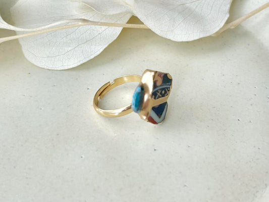 有田焼 金継ぎ リング サージカルステンレス+14Kコーティング アレルギー対応 フリーサイズ 和柄 アパタイト 天然石 伝統工芸 #312