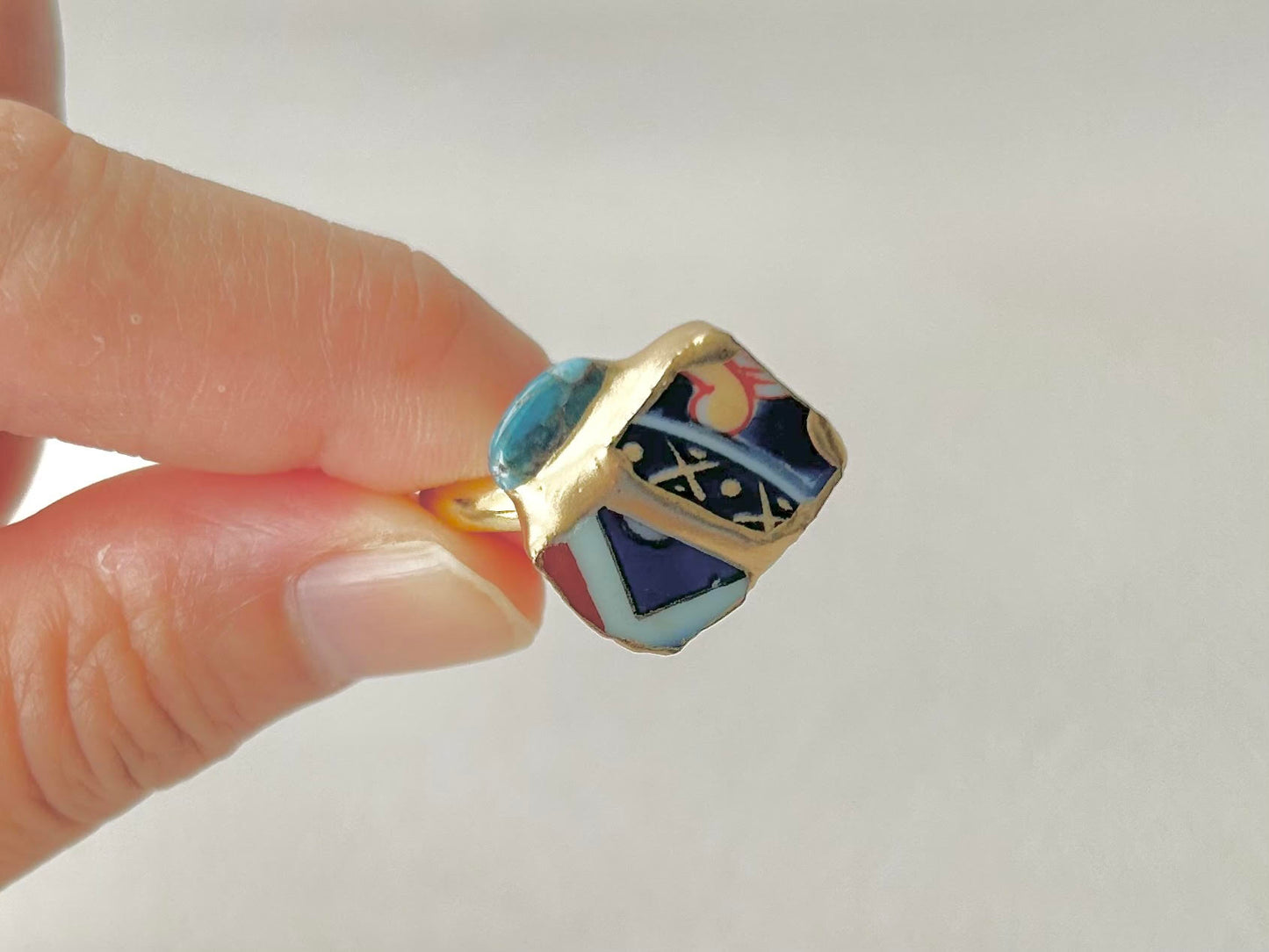 有田焼 金継ぎ リング サージカルステンレス+14Kコーティング アレルギー対応 フリーサイズ 和柄 アパタイト 天然石 伝統工芸 #312
