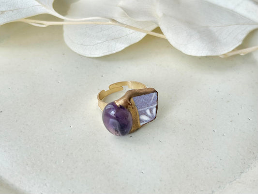 京焼 金継ぎ リング サージカルステンレス+14Kコーティング アレルギー対応 フリーサイズ 紫 花柄 アメジスト 天然石 伝統工芸 #313