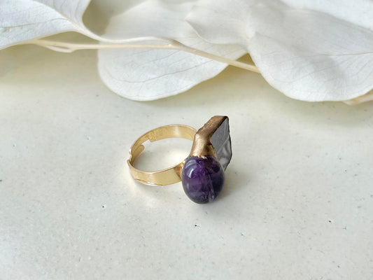 京焼 金継ぎ リング サージカルステンレス+14Kコーティング アレルギー対応 フリーサイズ 紫 花柄 アメジスト 天然石 伝統工芸 #313