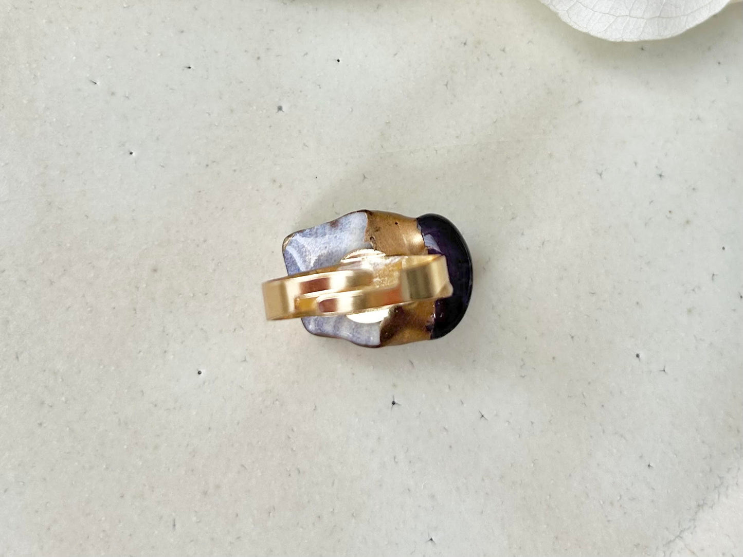 京焼 金継ぎ リング サージカルステンレス+14Kコーティング アレルギー対応 フリーサイズ 紫 花柄 アメジスト 天然石 伝統工芸 #313