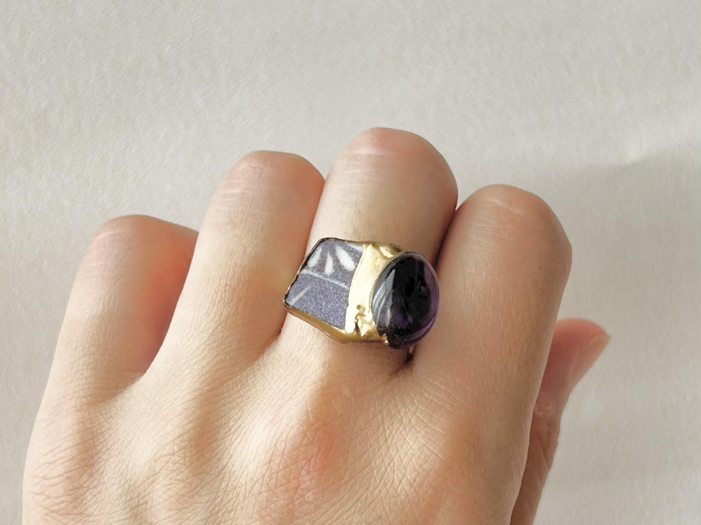 京焼 金継ぎ リング サージカルステンレス+14Kコーティング アレルギー対応 フリーサイズ 紫 花柄 アメジスト 天然石 伝統工芸 #313