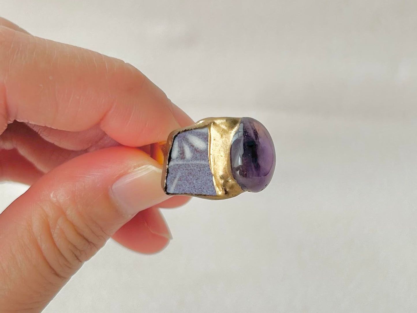 京焼 金継ぎ リング サージカルステンレス+14Kコーティング アレルギー対応 フリーサイズ 紫 花柄 アメジスト 天然石 伝統工芸 #313