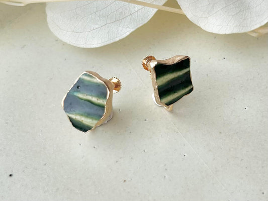 織部焼 金継ぎ ネジバネ式イヤリング 深い緑 伝統工芸 #318