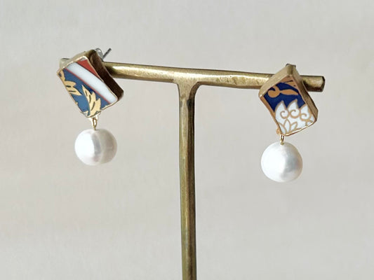 有田焼 金継ぎ サージカルステンレスピアス リーフ柄 淡水パール 揺れる 天然石 伝統工芸 #321