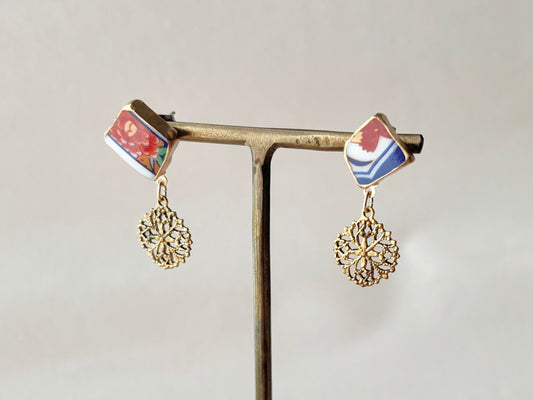 有田焼 金継ぎ サージカルステンレスピアス 赤 花柄 揺れる 伝統工芸 #323