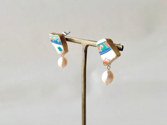 有田焼 金継ぎ サージカルステンレスピアス リーフ柄 花柄 淡水パール 揺れる 伝統工芸 #326