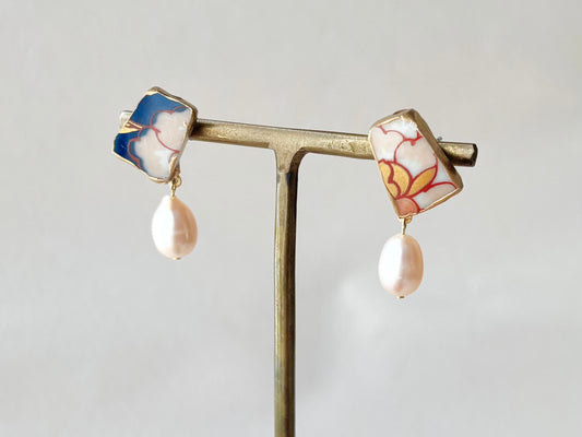 有田焼 金継ぎ サージカルステンレスピアス ピンク 花柄 淡水パール 揺れる 伝統工芸 #325