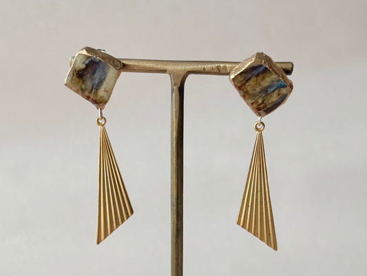 萩焼 金継ぎ サージカルステンレスピアス 茶色 藍色 白 ゴールド 揺れる 伝統工芸 #330