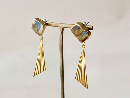 萩焼 金継ぎ サージカルステンレスピアス 茶色 藍色 白 ゴールド 揺れる 伝統工芸 #330