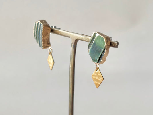 織部焼 金継ぎ サージカルステンレスピアス 深い緑 ゴールド 揺れる 伝統工芸 #332