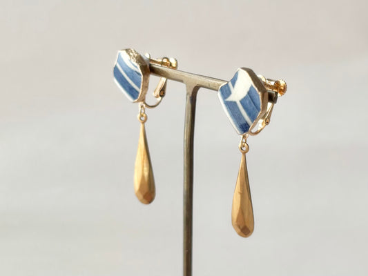 京焼 金継ぎ ネジバネ式イヤリング 青 白 ゴールド 伝統工芸 #333