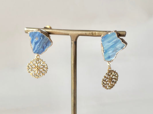 萩焼 金継ぎ ネジバネ式イヤリング 藍色 ゴールド 揺れる 伝統工芸 #334