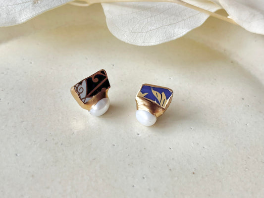 【金具が選べる】有田焼 金継ぎ ピアス イヤリング 金色 リーフ柄 淡水パール 天然石 伝統工芸 #341