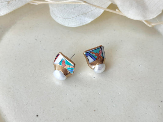 有田焼 金継ぎ サージカルステンレスピアス 和柄 淡水パール 天然石 伝統工芸 #347