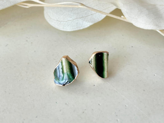 織部焼 金継ぎ サージカルステンレスピアス 深い緑 伝統工芸 #348