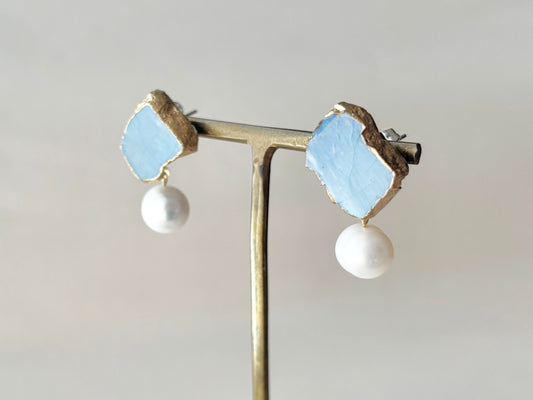 萩焼 金継ぎ サージカルステンレスピアス 水色 淡水パール 揺れる 天然石 伝統工芸 #372