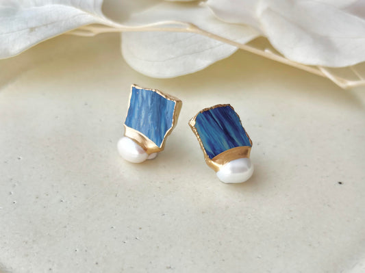 萩焼 金継ぎ サージカルステンレスピアス 藍色 淡水パール 天然石 伝統工芸 #373