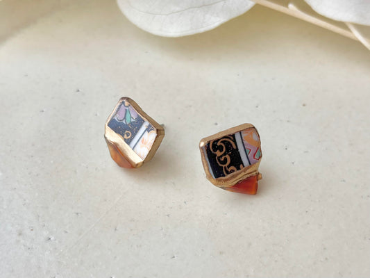 有田焼 金継ぎ サージカルステンレスピアス 和柄 カーネリアン 天然石 伝統工芸 #376