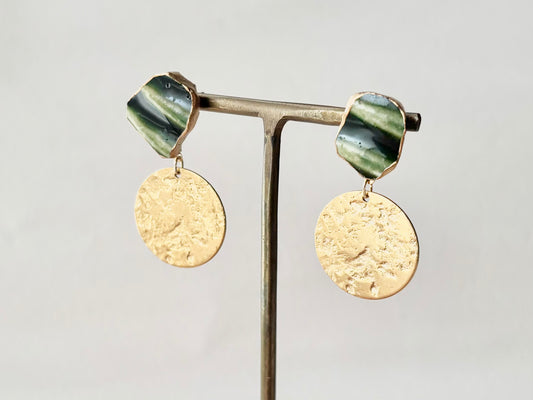 織部焼 金継ぎ サージカルステンレスピアス 深い緑 ゴールド 伝統工芸 #390