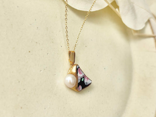 京焼 金継ぎ ネックレス サージカルステンレスチェーン アレルギー対応 18K 手書き 絵付け 花柄 淡水パール 天然石 伝統工芸 #398