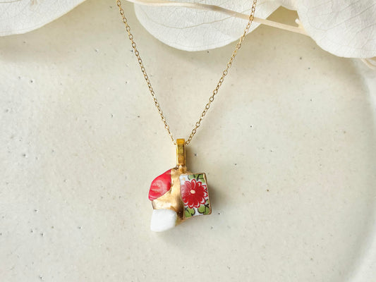 有田焼 金継ぎ ネックレス サージカルステンレスチェーン アレルギー対応 18K 花柄 リーフ柄 サンゴ マザーオブパール 天然石 伝統工芸 #403