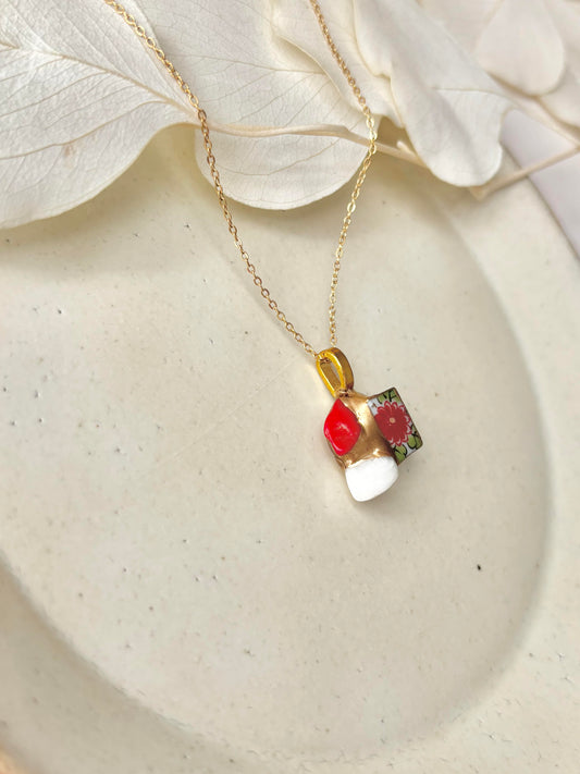 有田焼 金継ぎ ネックレス サージカルステンレスチェーン アレルギー対応 18K 花柄 リーフ柄 サンゴ マザーオブパール 天然石 伝統工芸 #403